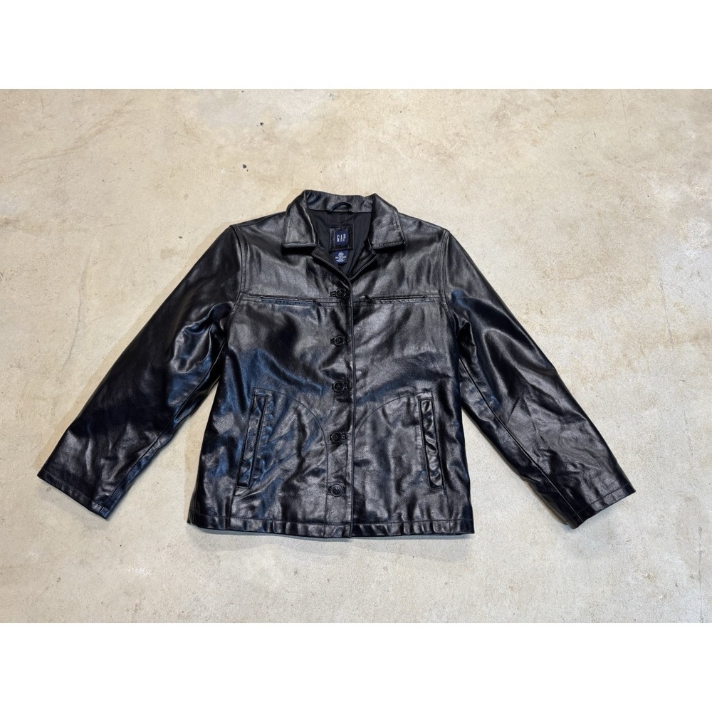 Vintage Gap Jacket Women Large Black Leather Sleek Button Up Blazer Bomber 90s